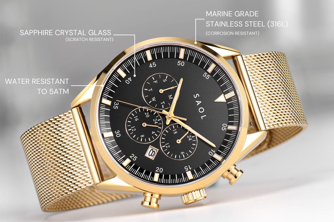 Chronograph 43 - Gold  Black w/ gold mesh - Saol Watches