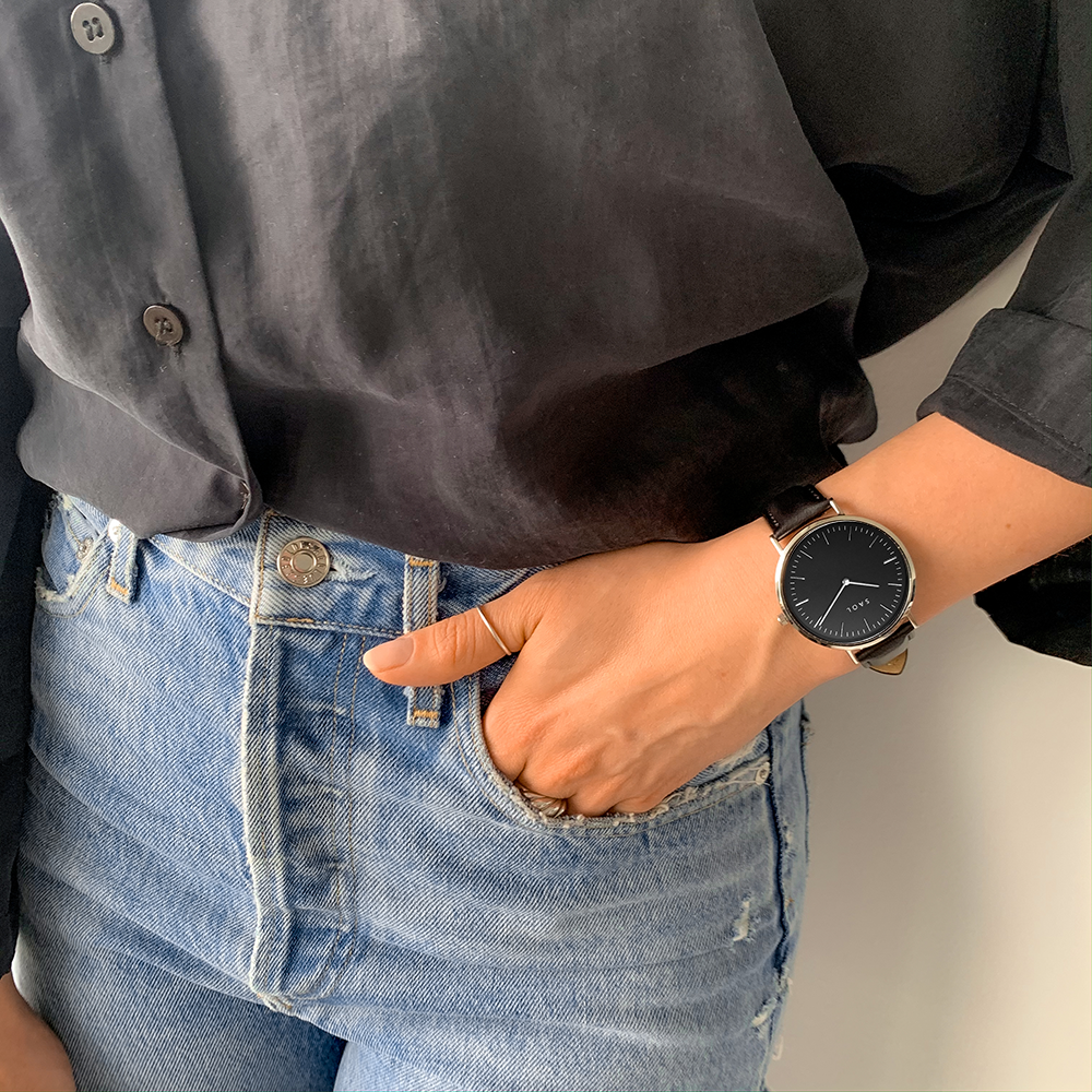 The Standard Silver Black w black leather Saol Watches