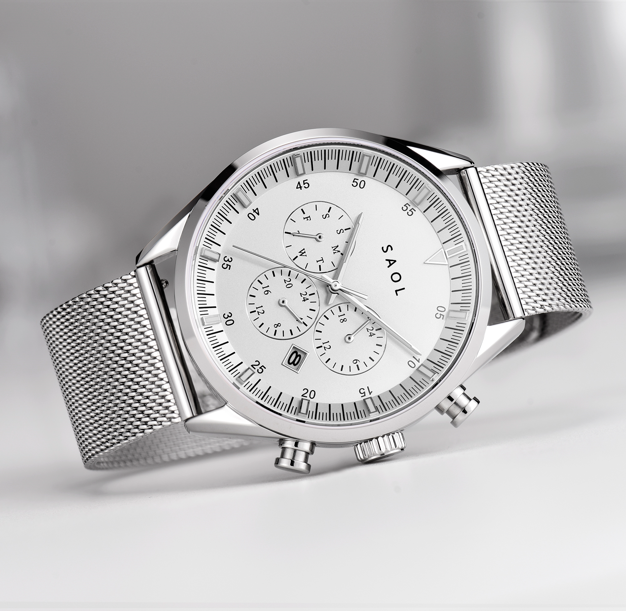 Chronograph 43 Silver White w silver mesh Saol Watches